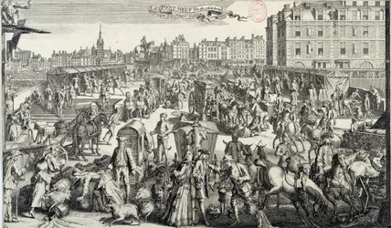 Zakłopotanie Pont Neuf w Paryżu. Ilustracja przedstawiająca ruch uliczny i korki na ulicach Paryża w XVIII wieku. Rycina z 1710 r. Paryż, Musee Carnavalet