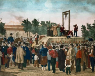 Egzekucja 13.03.1858 Felice Orsini (1819 - 1858) i Pieriego, którzy dokonali ataku 14 stycznia 1858 na Napoleona III na Place de la Roquette w Paryżu Litografia z końca XIX wieku. Prywatna kolekcja w Mediolanie