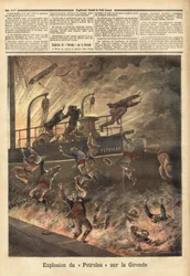 Eksplozja „Petrolea”, angielskiego parowca przewożącego ropę, w Blaye na Girondzie. Grawerowanie w „Le petit journal”” 4/06/1892. Kolekcja Selvy.