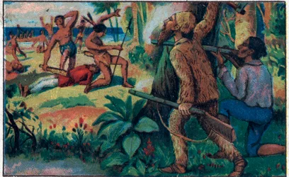 Walka z dzikusami. Ilustracja do książki Daniela Defoe (Defoe) „”Robinson Crusoe””. Chromolitografia z końca XIX wieku.