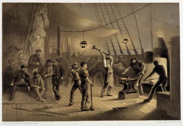 Kuźnia na pokładzie. W nocy 9 sierpnia przygotowywanie poszycia ifonu do kabestanu - w „The Atlantic telegraph” W.H. Russela, ok. godz. 1860