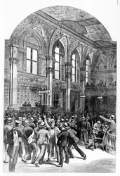 Wnętrze giełdy nowojorskiej w 1881 roku.