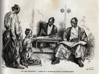 Sędzia śledczy wykonując swoje obowiązki, klęcząc przed nim, oskarża go o samuraja. Rycina ilustrująca podróż do Japonii w latach 1863-1864 autorstwa Aime Humberta, ministra Konfederacji Szwajcarskiej, w „Le tour du monde, nouveau jo
