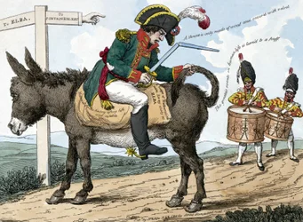 Podróż współczesnego bohatera na wyspę Elba. Podróż współczesnych bohaterów na wyspę Elba. Ta kreskówka przedstawia Napoleona Bonaparte siedzącego na osiołku na drodze z Fontainebleau na wyspę Elba; w jednej ręce trzyma kasetę z mieczami, a