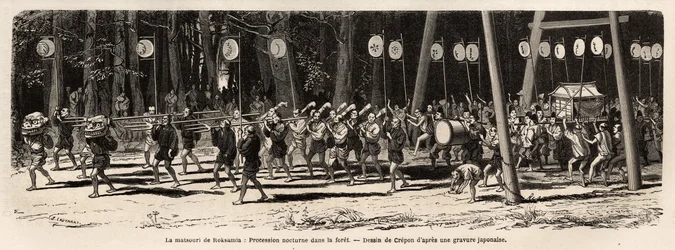 Matsouri (targi, procesja) Roksamia, świątynia Kami w pobliżu Yedo (lub Edo, dzisiejsze Tokio), 5 dnia 5 miesiąca roku, tłum zbiera się, by zbierać zioła w lesie i wieczorem księża organizują