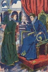Księżniczka skonsultuje się z matką chrzestną. Anonimowa ilustracja do opowiadania „Skóra osła” autorstwa Charlesa Perraulta (1628-1703), francuskiego pisarza. Zdjęcia Marcel Vagne, Jarville Nancy, bez daty (koniec XIX wieku).