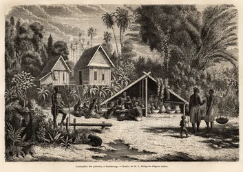 Produkcja ceramiki w Saniaboury (Laos). Grawer ilustrujący podróż eksploracyjną w Indochinach, autorstwa Francisa Garniera, porucznika de Vaissseau, w latach 1866-1868, opublikowany w „Le tour du monde”” 1870-1871, pod redakcją Edouarda Chartona, wyd. Hac