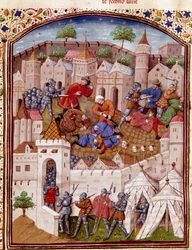 Oblężenie miasta i masakra jego mieszkańców Miniatura zaczerpnięta z „Faktów Rzymian” (lub Li Fet z Rzymian), skompilowana razem z Saluste i Suetoine i Lucan. XV wiek (ms. 1055, k. 417) Chantilly, Musee Conde