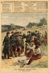 Waguemestre, wojsko odpowiedzialne za dystrybucję poczty do żołnierzy. Grawerowanie w „Le petit journal”” 23.09.1893. Kolekcja Selvy.