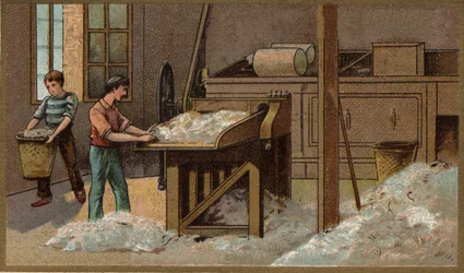 Przemysł wełniany: omłot. Chromolitografia z końca XIX wieku