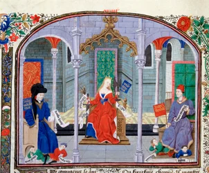 Teoria sprawiedliwości. Miniatura z rękopisu (Ms 927 Fol.71v) „Komentarz do etyki politycznej i ekonomicznej” greckiego filozofa Arystotelesa (383-322 pne) w przekładzie Nicolasa Oresme (1325-1382)