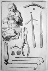 Trepanacja czaszki, różne narzędzia (rycina)