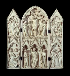 Tryptyk Saint-Sulpice du Tarn: Niesienie Krzyża, Ukrzyżowanie, Zejście z Krzyża, Pokłon Trzech Króli, Panna Chwalebna, Ofiarowanie w świątyni. Pończochy z rzeźbionymi zdobieniami z kości słoniowej. Około 1300 Paryż, Narodowe Muzeum Średniowiecza, Thermes d