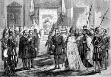 Sobór Watykański I Rzym. Papież udzielający audiencji Ojcu Soboru. 1869