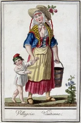 Wioska wenecka z synem. Grawerowanie XVIII wieku.