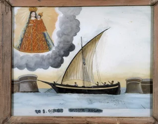 Statek w trudnej sytuacji - obraz na szkle, ex-voto Notre Dame de Laghet, 25x32 cm