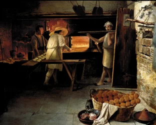 Widok z wnętrza piekarni Piekarze wypiekają chleb w piecu. Anonimowy obraz z XVIII wieku. Rzym, Museo del Folklore