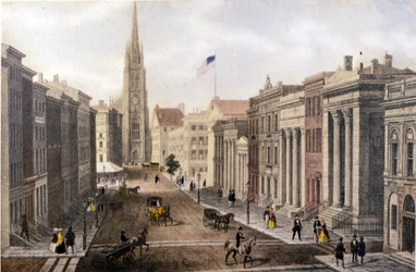 Widok na Nowy Jork: widok z Wall Street na William Street. Litografia SD. około połowy XIX wieku.