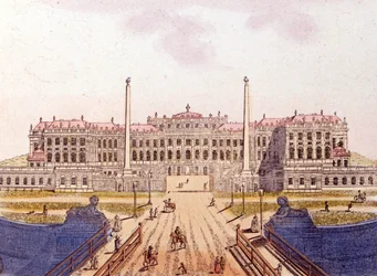 Widok zamku Schonbrunn, dawnej rezydencji austriackiej rodziny cesarskiej, Wiedeń, Austria, rycina z 1820 r.