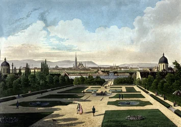 Widok na wiedeński Belvedere, austriacki barokowy pałac zbudowany przez Eugene de Savoye. Litografia XIX wieku