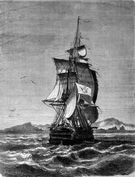 Widok austriackiej fregaty Novara przed wyspą św. Pawła na Oceanie Indyjskim w 1857 roku. Rycina z XIX wieku