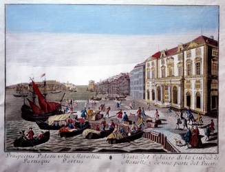 Widok na Hotel de Ville i część portu w Marsylii Scena działalności handlu i rozładunku towarów na doku. Anonimowy grawerunek XVIII-wiecznej Marsylii, Musee de la Marine