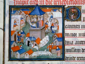 Widok na jarmark Lendit, popularne zgromadzenie i spacery po mieście Saint Denis. Wigilia Paryża pobłogosławiła otwarcie tego wydarzenia. Miniatura z „Pontifical de Sens” XIV-wieczny Paryż, B.N.