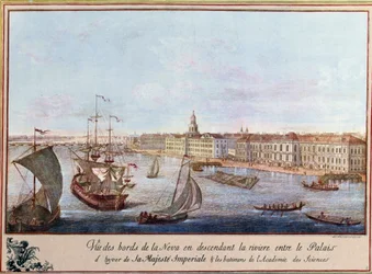 Widok na Newę na Pałac Zimowy i Akademię Nauk w Sankt Petersburgu. Druk ok. 1753 r. Paryż, B.N.