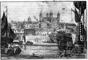 Widok na Tower of London i Tamizę pod koniec XVIII wieku Grawer
