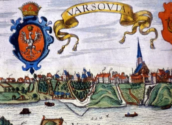 Widok miasta Warszawy z herbem miasta. 1780.