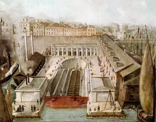 Widok na suchą ładownię portu w Neapolu zainaugurowaną w 1852 r. (Widok na suchy dok w Neapolu) Malowidło XIX-wiecznego Museo di Capodimonte Neapol