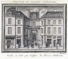 Widok na zewnętrzną fasadę kolegium Plessis Sorbonne (Paryż), założonego w 1323 roku przez Geoffroya z Plessis Balisson, używanego w latach 1848-1849 przez ENA. Rycina zachowana w Musee Carnavalet w Paryżu.