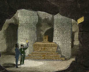 Widok na ossuarium katakumb Montsouris w Paryżu. Grawer z 1856 r. w „Le Musee Des Sciences””