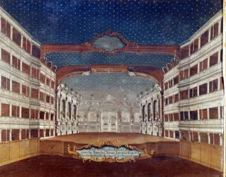 Widok teatru San Samuele (Samuel) w Wenecji zniszczonego przez pożar w 1747 roku. Rysunek z XVIII wieku.