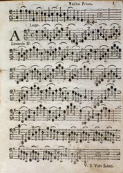 Skrzypce. Strona z nutami do Balletto a 3 op. 3 autorstwa Tomaso Albinoniego (1701)