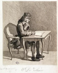 Voltaire przy swoim stole roboczym - grawer