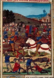 Wojna Ligi Dobra Publicznego (lub bunt szlachty): bitwa pod Montlhery 16 lipca 1465 między Ludwikiem XI (1423-1483) a Karolem, hrabią Charolais (przyszły Karol Temeraire) (1433-1477). Miniatura iluminowana z rękopisu „”Vigiles du r