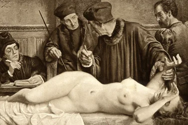 Czary. Naukowcy szukają pieprzyka na ciele czarownicy, aby go uszczypnąć i zbadać reakcję. Ilustracja E. Van Hoove