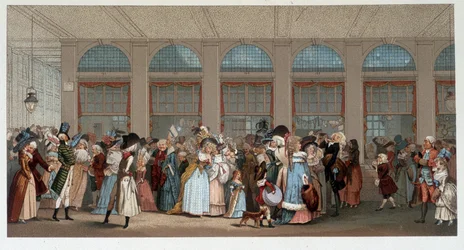 Światowy spacer w drewnianej galerii Palais Royal, koniec XVIII wieku - chromo według ryciny Debucourt