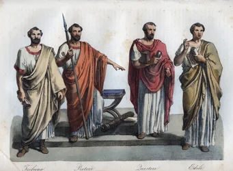 Urzędnicy starożytnego Rzymu - Tribunus (Trybun) - praetor (Pretor) (Urzędnik) - Quaestores (Kwestorzy) - aediles (Edylowie), rycina z „Usi e Costumi di Tutti i Popoli dell