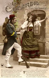 Przyłączenie Alzacji i Lotaryngii podczas I wojny światowej: Francuski żołnierz i alzacka kobieta rozmawiają. Pocztówka z lat 1914-1918.