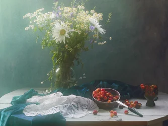 Kwiaty polne i wiśnie – martwa natura