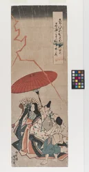 Bez tytułu; podany tytuł: Ono no Komachi Bringing Rain (Amagoi Komachi), około 1835 (kolorowy drzeworyt)