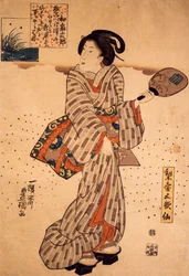 Kobieta ze sztywnym wachlarzem, autor Utagawa Kunisada, drzeworyt, technika nishiki-e