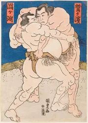 Bojownicy wzywają Uzugafuchi i Washigahamę. Estampe de Utagawa Kunisada (1786-1865), vers 1830 - Mecz zapaśniczy Uzugafuchi kontra Washigahama, przez Kunisada (Toyokuni III), Utagawa (1786-1865). Drzeworyt barwny, ok. 1830. Wymiar: 37x26 cm. Prywatne C