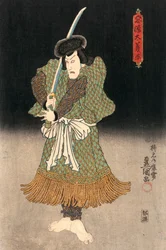 Ukiyo-e nadruk przedstawiający aktora grającego samuraja autorstwa Kunisada