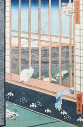 Pola Ryżowe Asakusa podczas festiwalu Koguta z cyklu „100 Widoków Edo”, wyd. 1857 (kolorowy drzeworyt)