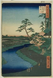 Chata Basho na wzgórzu kameliowym obok akwadu w Sekiguchi, z serii "Sto słynnych widoków Edo (Meisho Edo hyakkei)".
