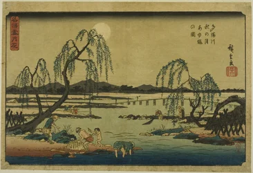 Łowienie słodkich rybek w rzece Tama pod jesiennym księżycem (Tamagawa aki no tsuki ayuryo no zu), z serii „Śnieg, księżyc i kwiaty w słynnych miejscach (Meisho setsugekka)”