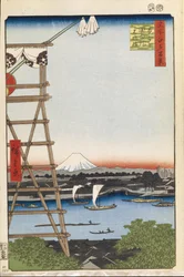Świątynia Ekoin w Ryogoku i Most Moto-Yanagi Sto słynnych widoków Edo, 1856-1858